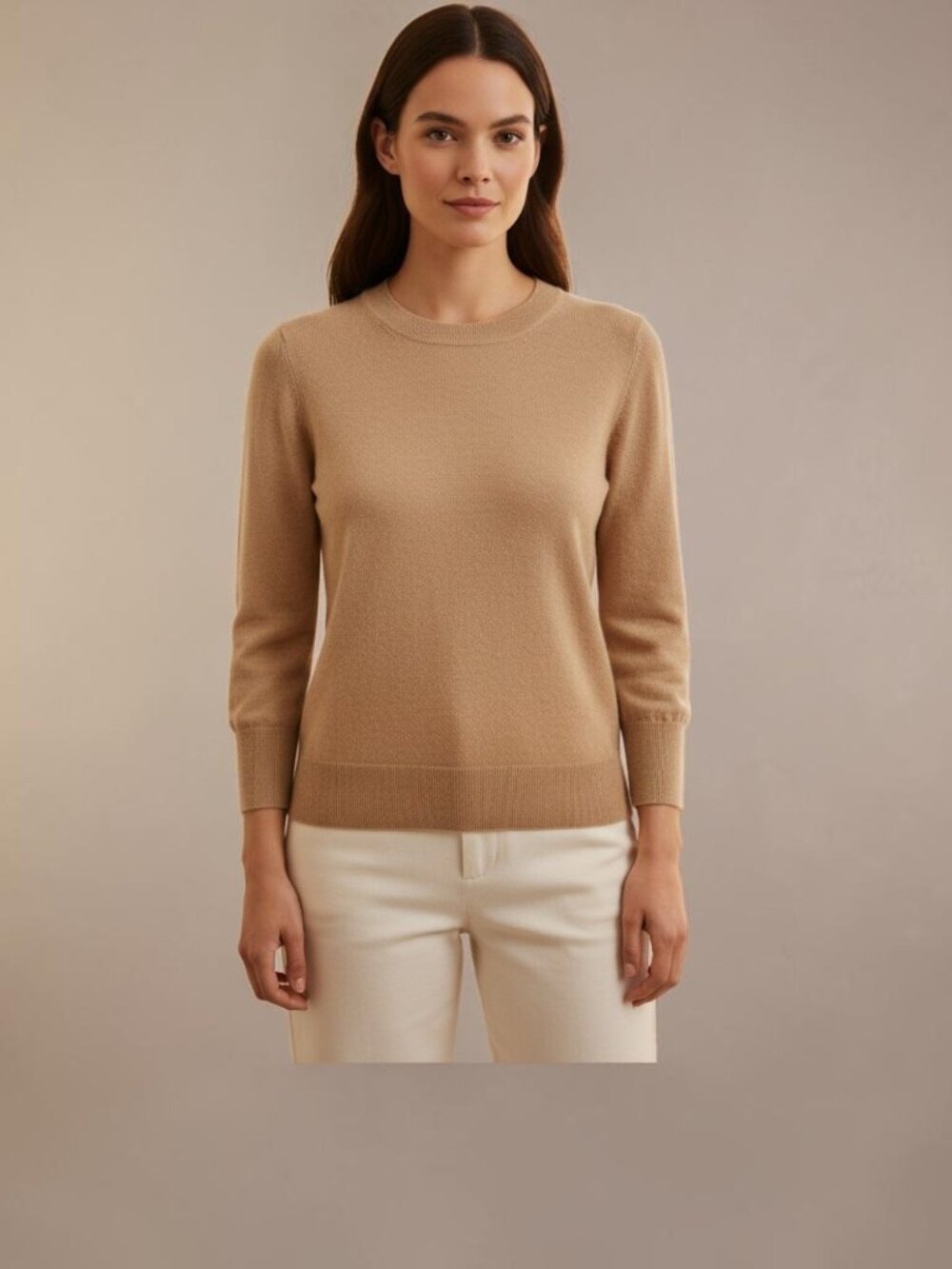 J. Crew 100% Cashmere Crewneck Sweater Heather Camel Tan 3/4 Sleeve Size S